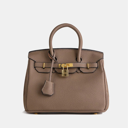 Bespoke structured tote in taupe pebbled leather with gold hardware, front view