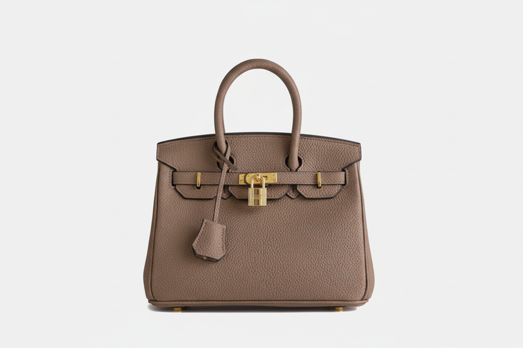 Bespoke structured tote in taupe pebbled leather with gold hardware, studio render