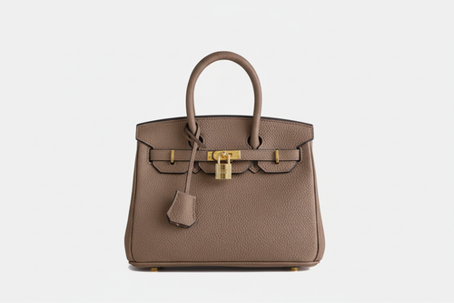 Bespoke structured tote in taupe pebbled leather with gold hardware, studio render